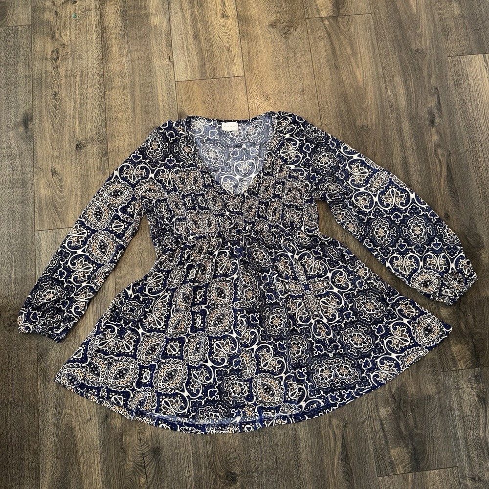 Melody Women's‎ XL Summer Shirt Blue Geometric Boho Peasant Ruffle Smoked Blouse